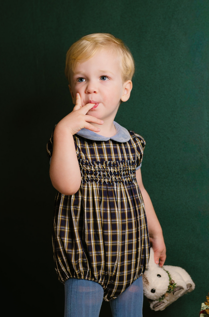 Angelica Navy Tartan Short Sleeve Smocked Bubble