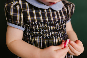 Angelica Navy Tartan Short Sleeve Smocked Bubble