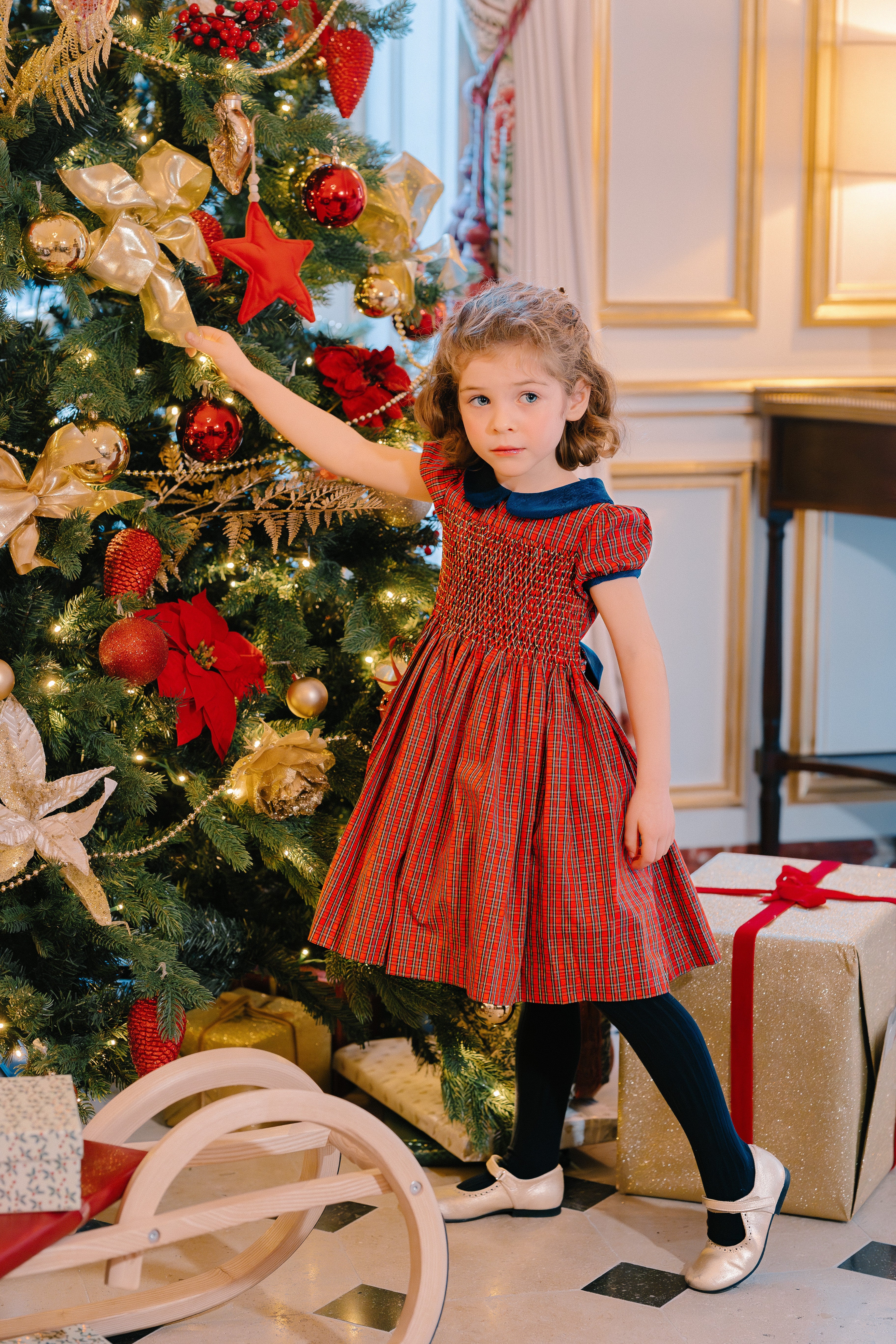 Angelica Red Tartan Short Sleeve Smocked Dress