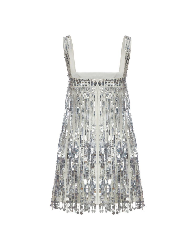 Elsa Dress in Ivory Silk Wool with Silver Fringe
