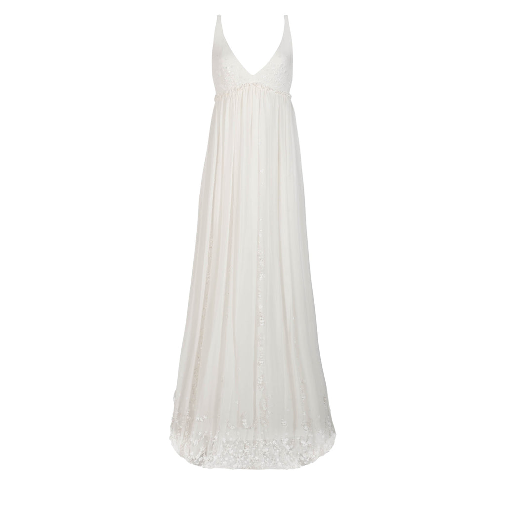 Sunny Gown in Ivory Georgette with Scallop Floral Embellishment