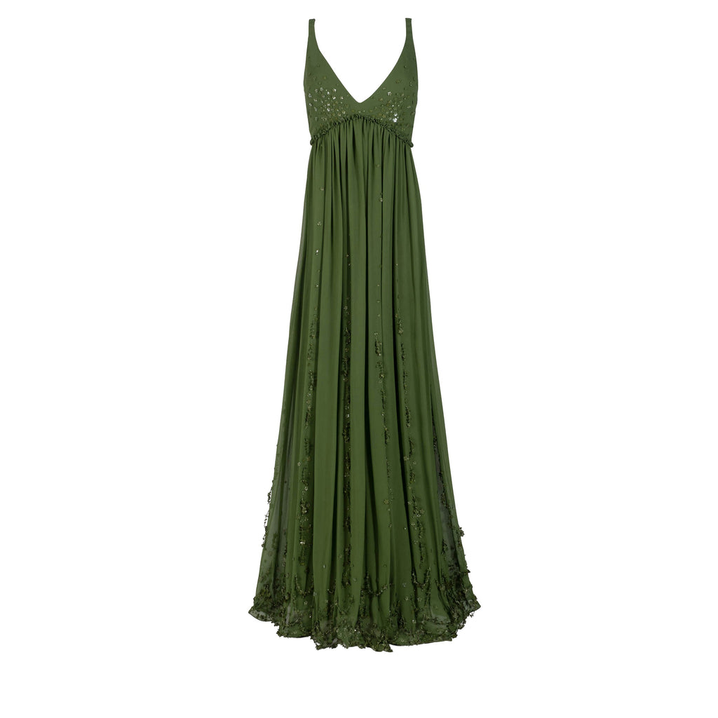 Sunny Gown in Pine Georgette with Scallop Floral Embellishment