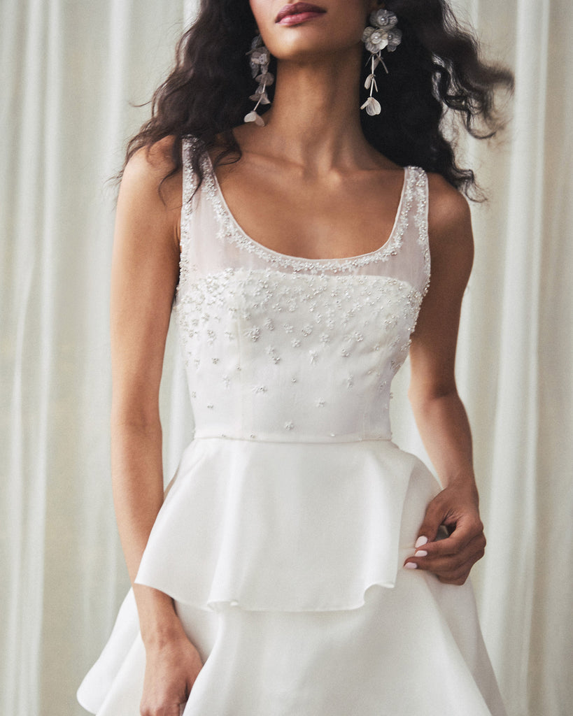 Grayal Gown in Ivory Satin Face Organza with Crystal Floral Embellishment