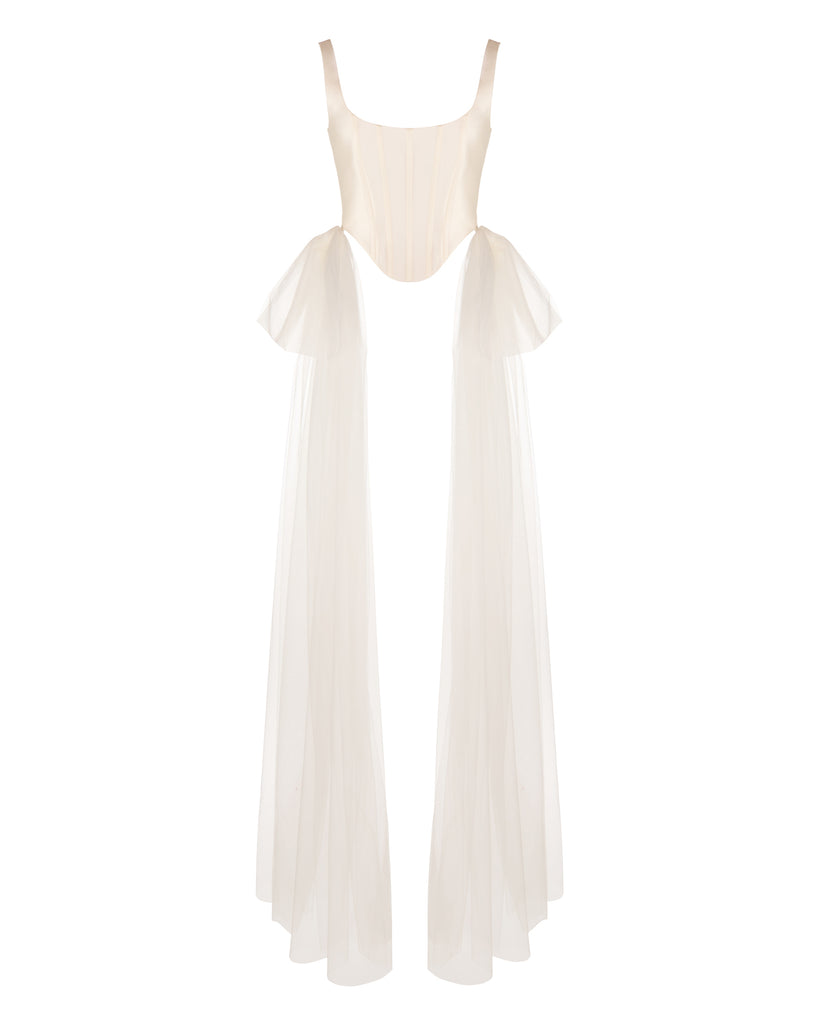 Bonnie Corset Top in Ivory Silk Wool with Tulle Bows