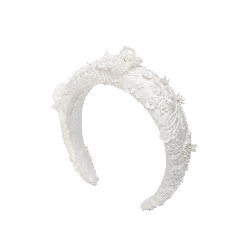 Emma Headband in Ivory Silk Wool with 3D Lace Embellishment
