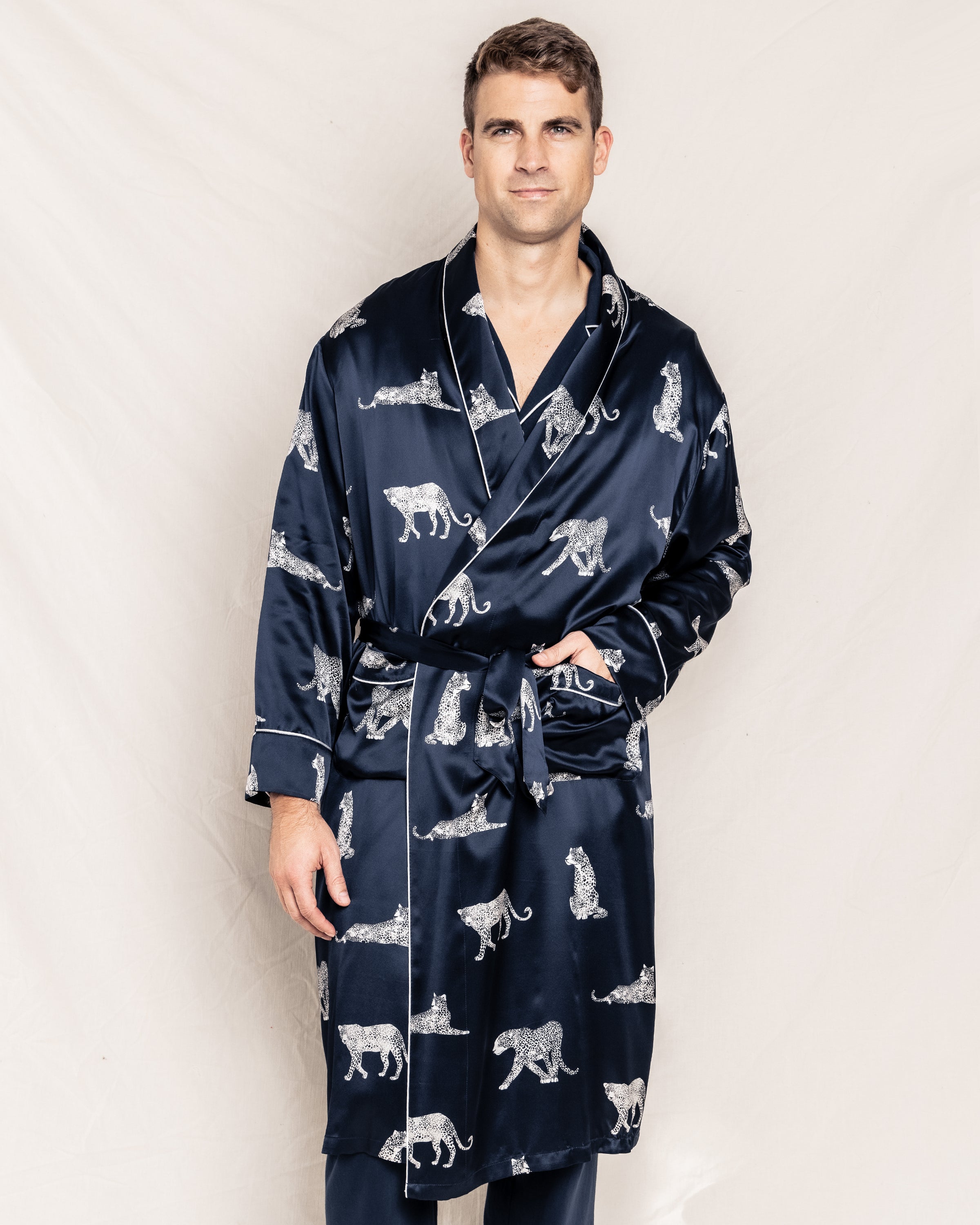 Men’s Silk Long Robe in Panthère de Nuit