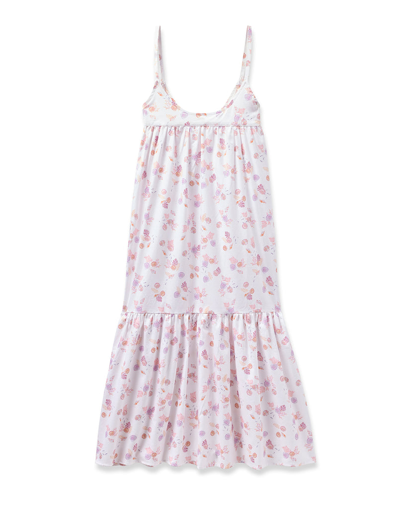 The Womens Twill Chloe Nightgown in Seashell Splendor by Petite Plume is a sleeveless, flowy white dress with thin straps, a floral pattern in pink, purple, and light orange, a ruffled hem, and an empire waistline—ideal for those who appreciate luxurious sleepwear.