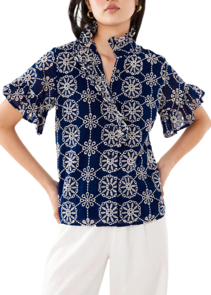 Sadie Top Navy Medallion Eyelet