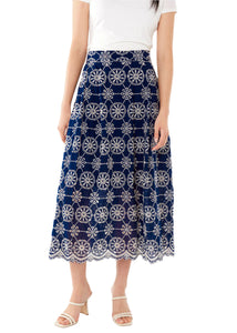 Eden Midi Skirt Navy Medallion Eyelet