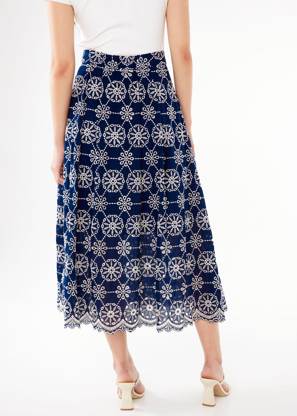 Eden Midi Skirt Navy Medallion Eyelet