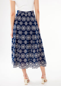 Eden Midi Skirt Navy Medallion Eyelet