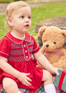 Little English traditional children's clothing, red smocked peter pan bubble for baby boy, classic holiday outfit