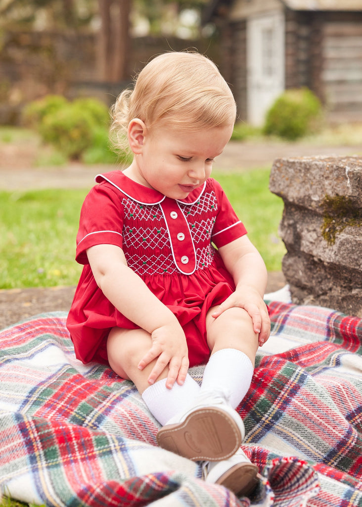 Little English traditional children's clothing, red smocked peter pan bubble for baby boy, classic holiday outfit
