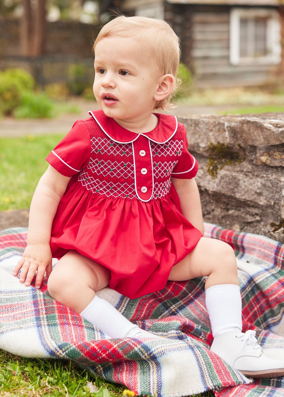 Little English traditional children's clothing, red smocked peter pan bubble for baby boy, classic holiday outfit