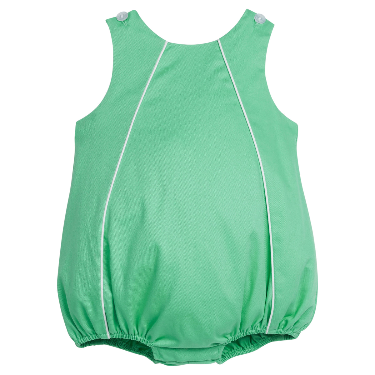 Little English traditional children's clothing. Green twill bubble with white piping for baby boy for Spring