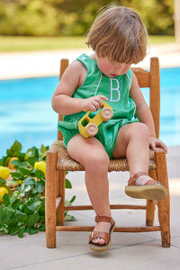 Little English traditional children's clothing. Green twill bubble with white piping for baby boy for Spring