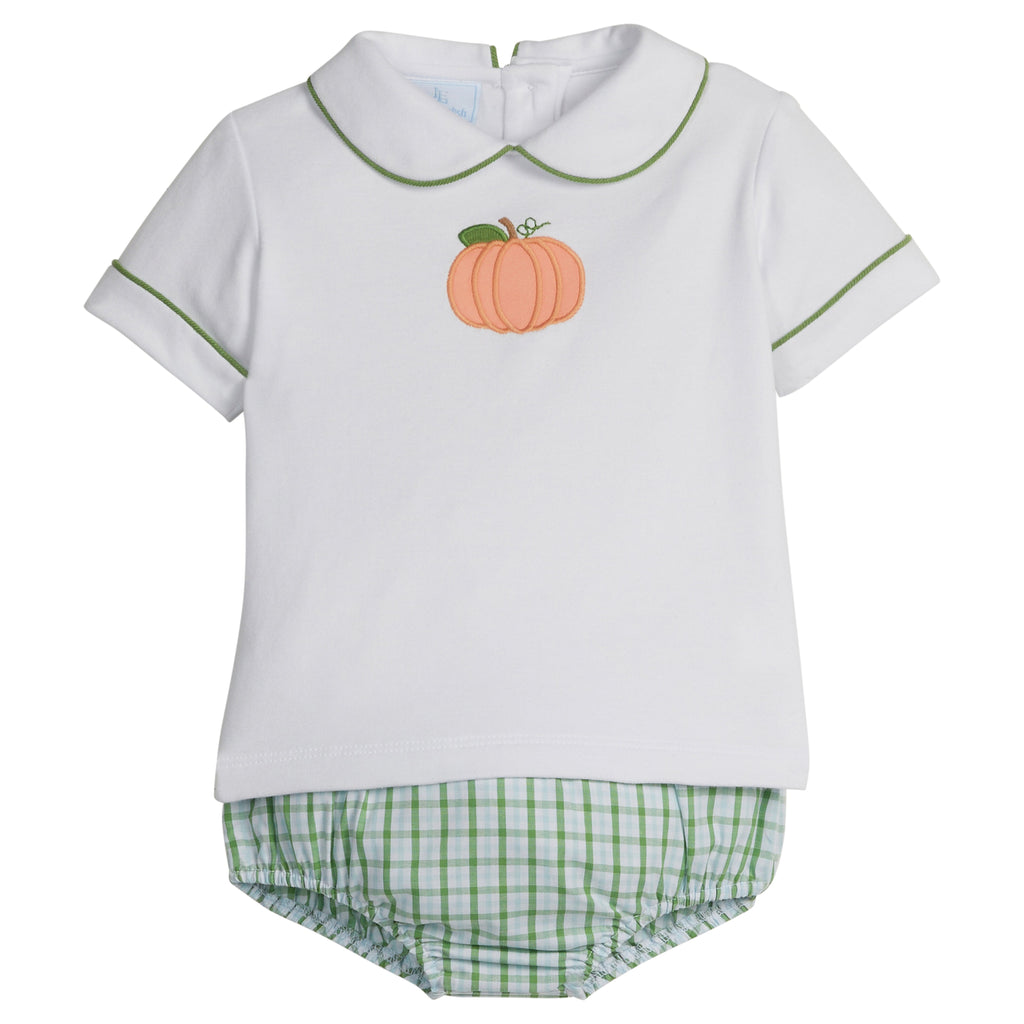 Little English classic diaper set for baby boys. White knit peter pan shirt with applique pumpkin at the center and coordinating jam panty in green Leland Plaid.