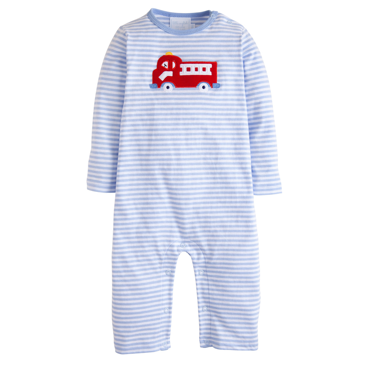 Little English classic children's clothing, light blue and white striped knit romper with red firetruck applique for baby boys