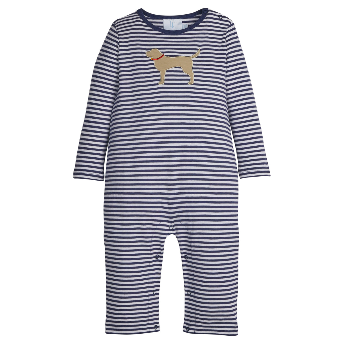 Little English classic knit romper for baby boys. Navy striped romper with applique lab on front.