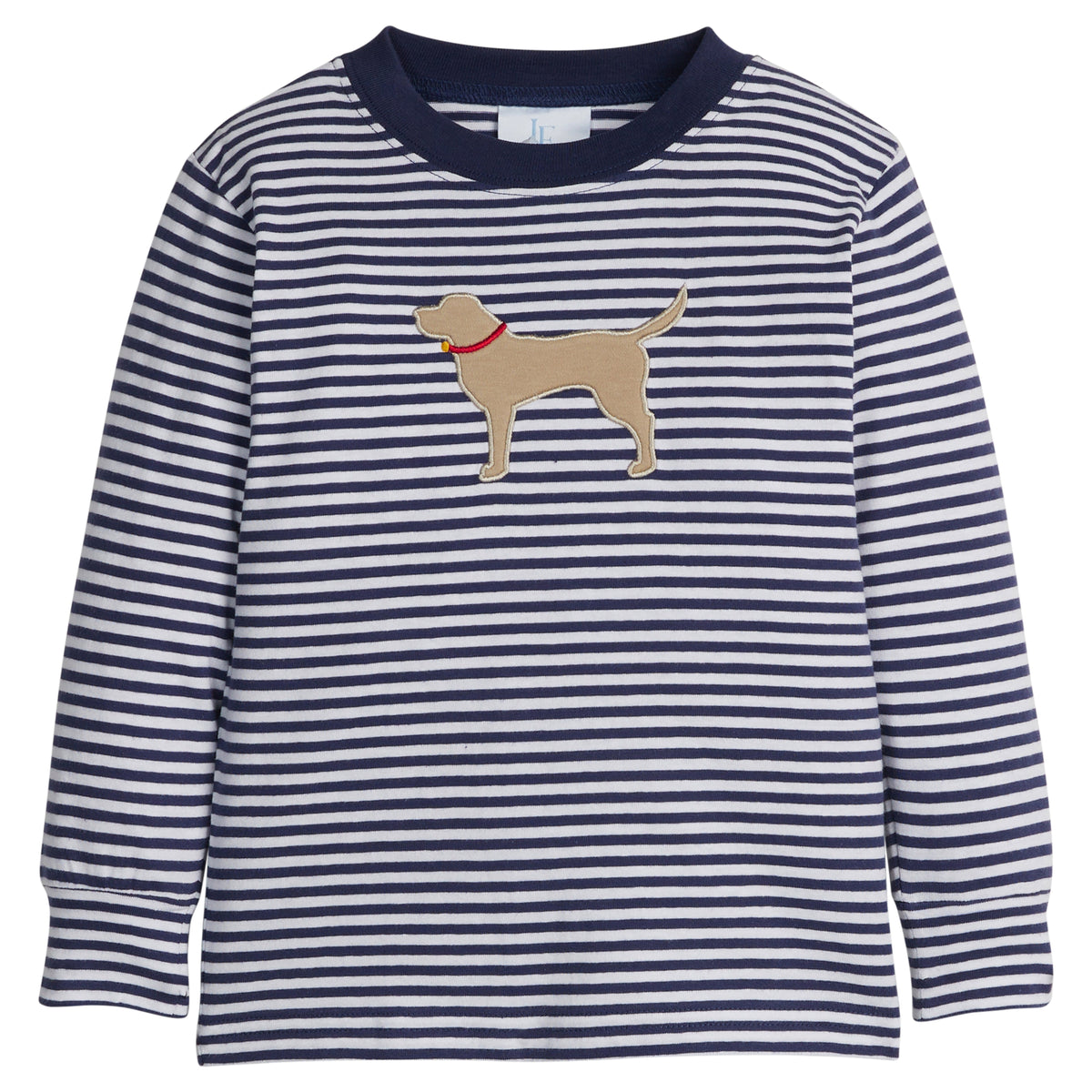 Little English classic knit t-shirt for little boys. Navy and white striped t-shirt with applique lab.