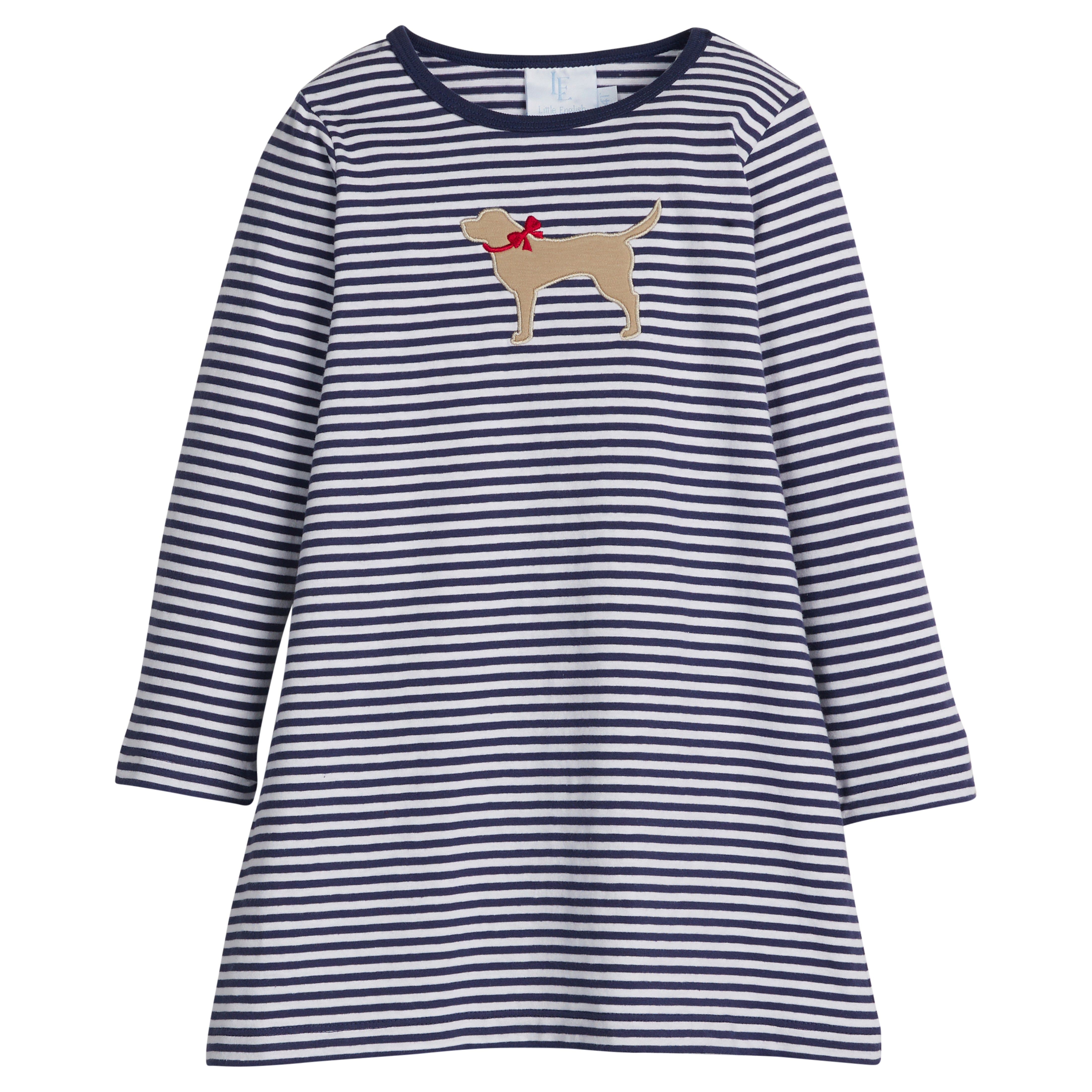 Little English classic knit dress for little girls. Navy and white striped long sleeve knit dress with applique lab.