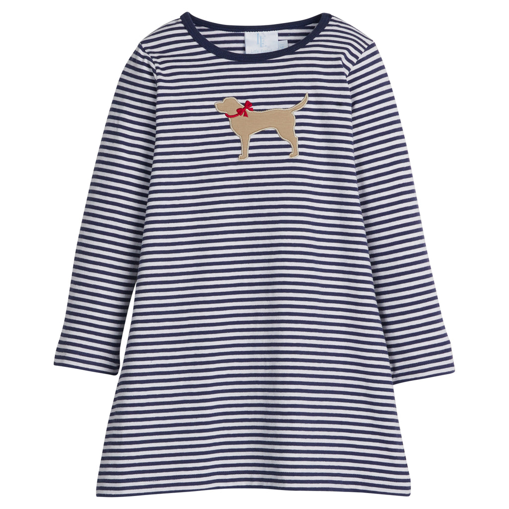 Little English classic knit dress for little girls. Navy and white striped long sleeve knit dress with applique lab.