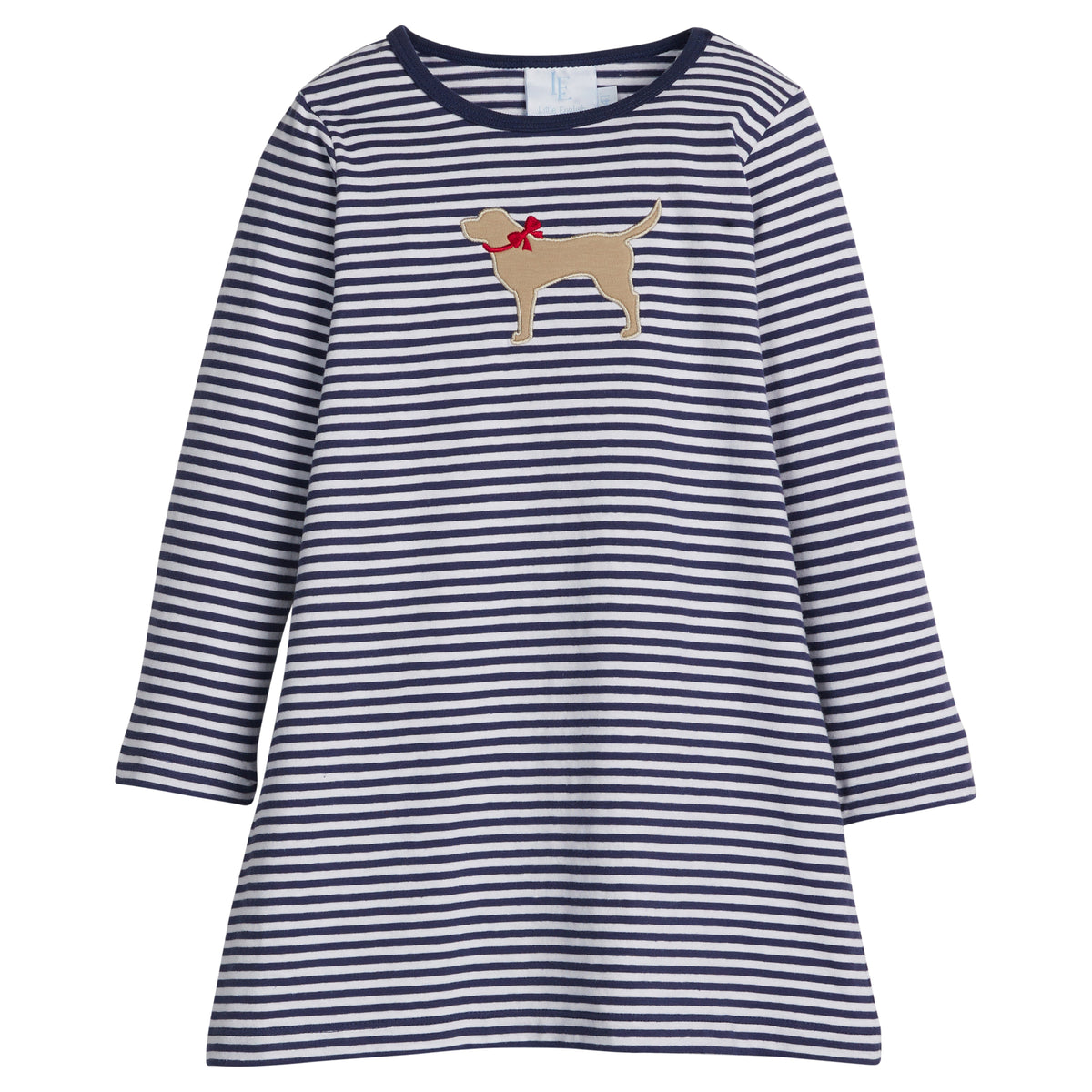 Little English classic knit dress for little girls. Navy and white striped long sleeve knit dress with applique lab.