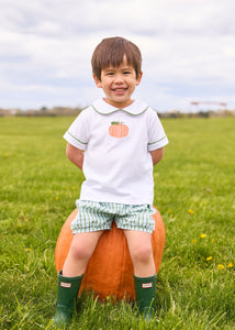 Little English classic short set for little boys.  White knit peter pan shirt with applique pumpkin at the center and coordinating banded shorts in green Leland Plaid.