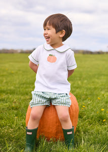 Little English classic short set for little boys.  White knit peter pan shirt with applique pumpkin at the center and coordinating banded shorts in green Leland Plaid.