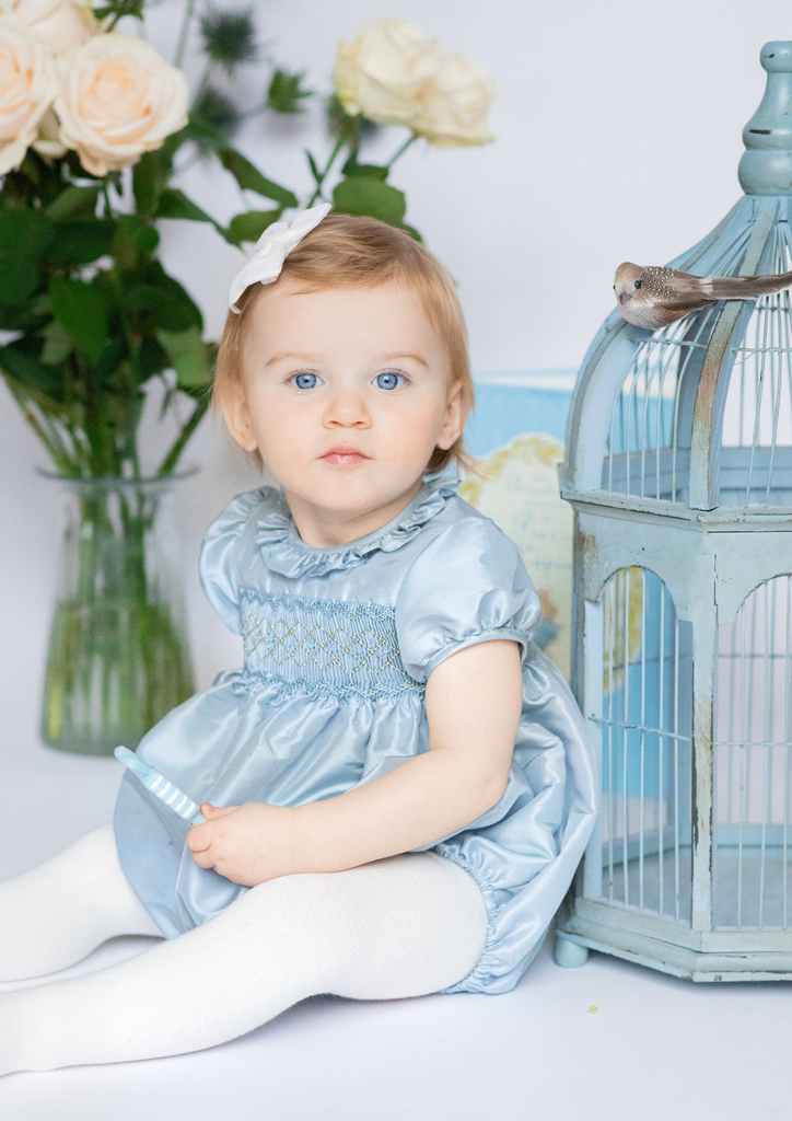 Astrid Blue Silk Smocked Baby Bubble