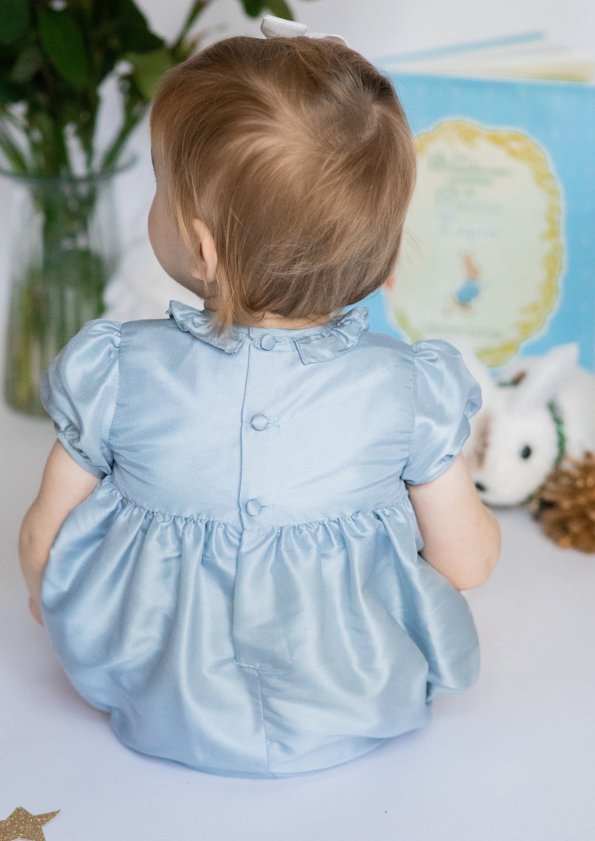Astrid Blue Silk Smocked Baby Bubble