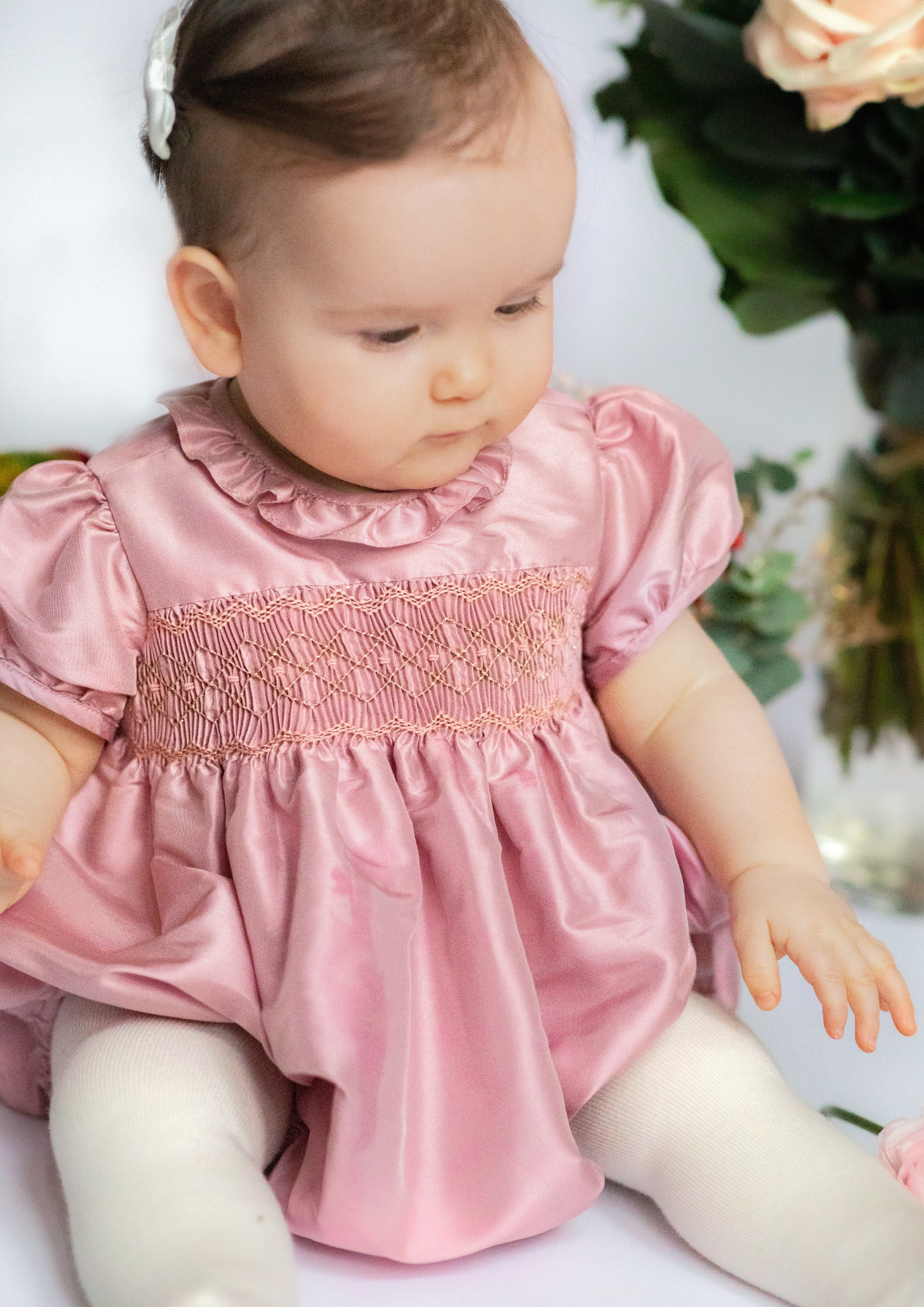 Astrid Pink Silk Smocked Baby Bubble