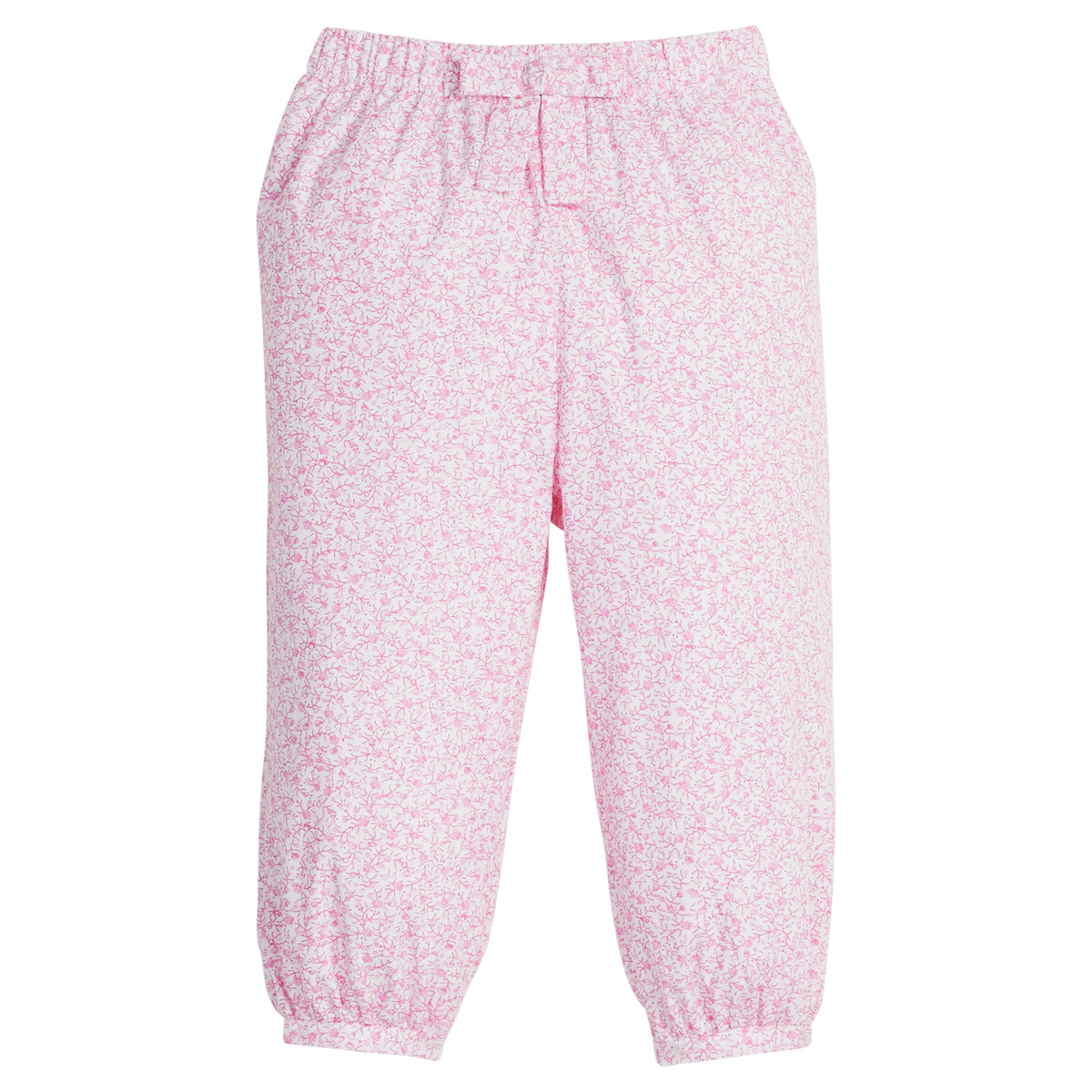 Little English traditional kids clothing, Banded bow pant in light pink floral for little girl.