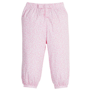 Little English traditional kids clothing, Banded bow pant in light pink floral for little girl.
