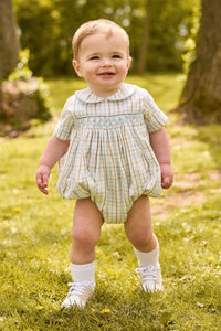 little english classic children's clothing cream, brown, and light blue plaid for boys for fall