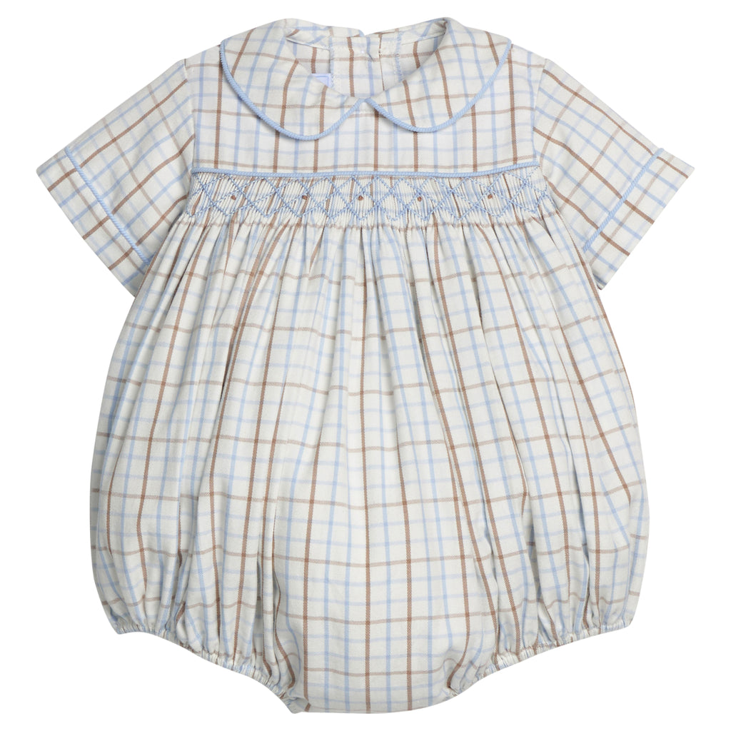 Little English traditional children's clothing.  Baby boy's blue and tan plaid smocked peter pan bubble for Fall