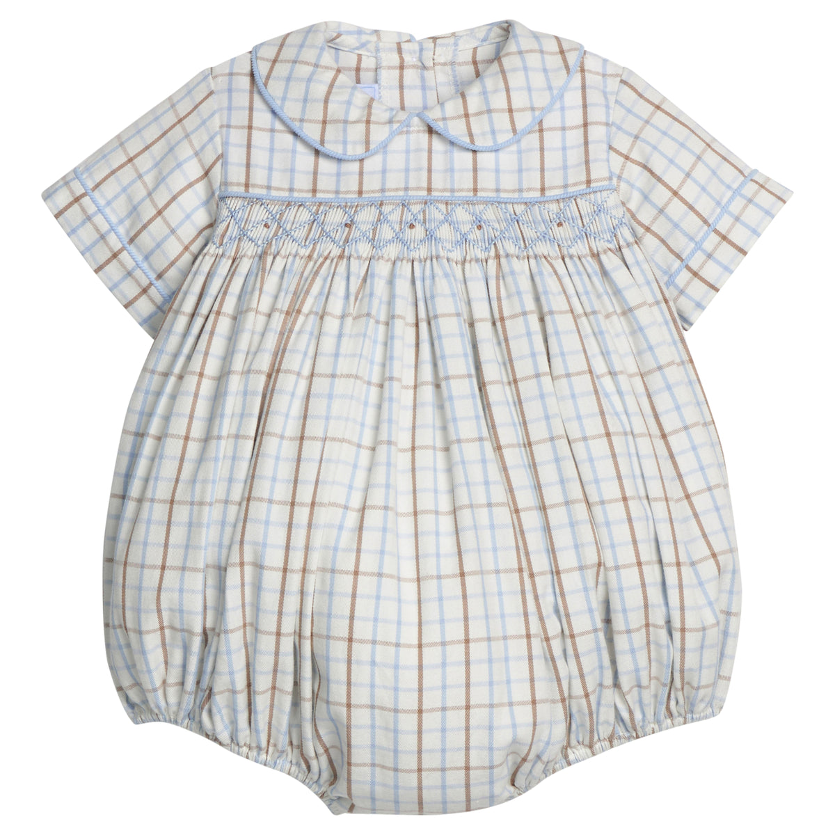 Little English traditional children's clothing.  Baby boy's blue and tan plaid smocked peter pan bubble for Fall