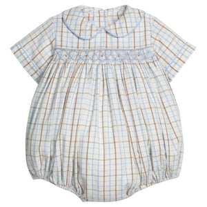 Little English traditional children's clothing.  Baby boy's blue and tan plaid smocked peter pan bubble for Fall