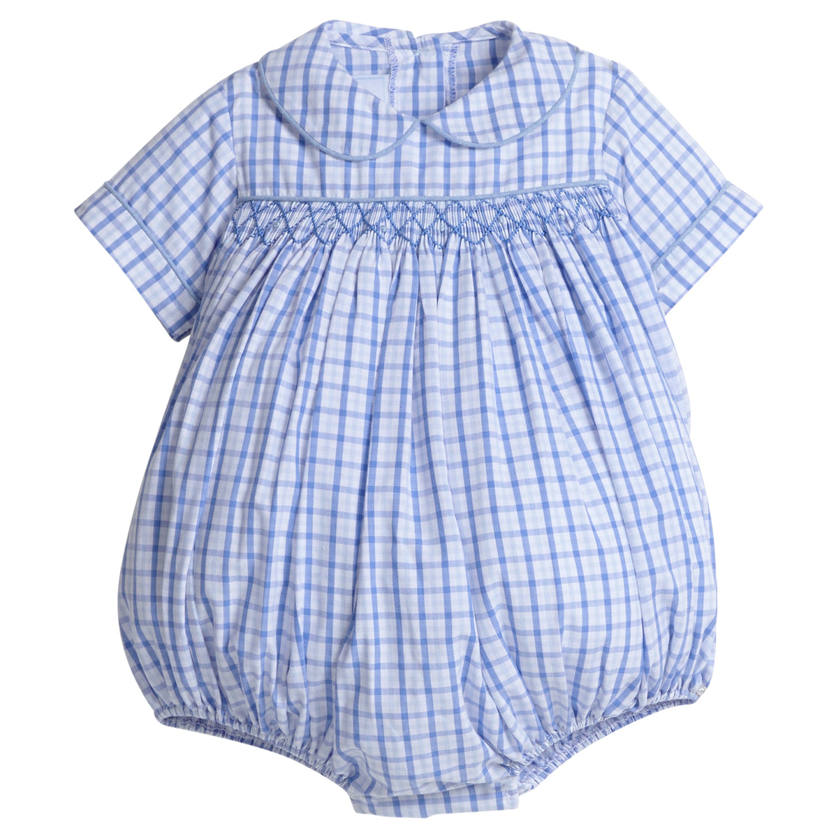 Little English classic kids clothing.  Blue and white plaid bubble with peter pan collar and smocking at the chest for baby boys