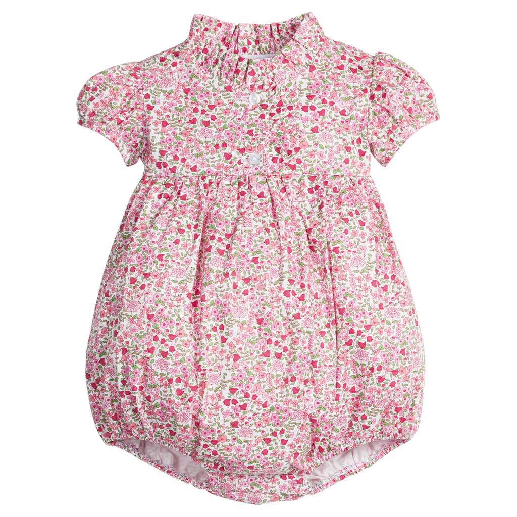 little english classic children's clothing, baby girls pink floral bubble with capped sleeves and ruffled placket for fall