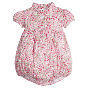 little english classic children's clothing, baby girls pink floral bubble with capped sleeves and ruffled placket for fall
