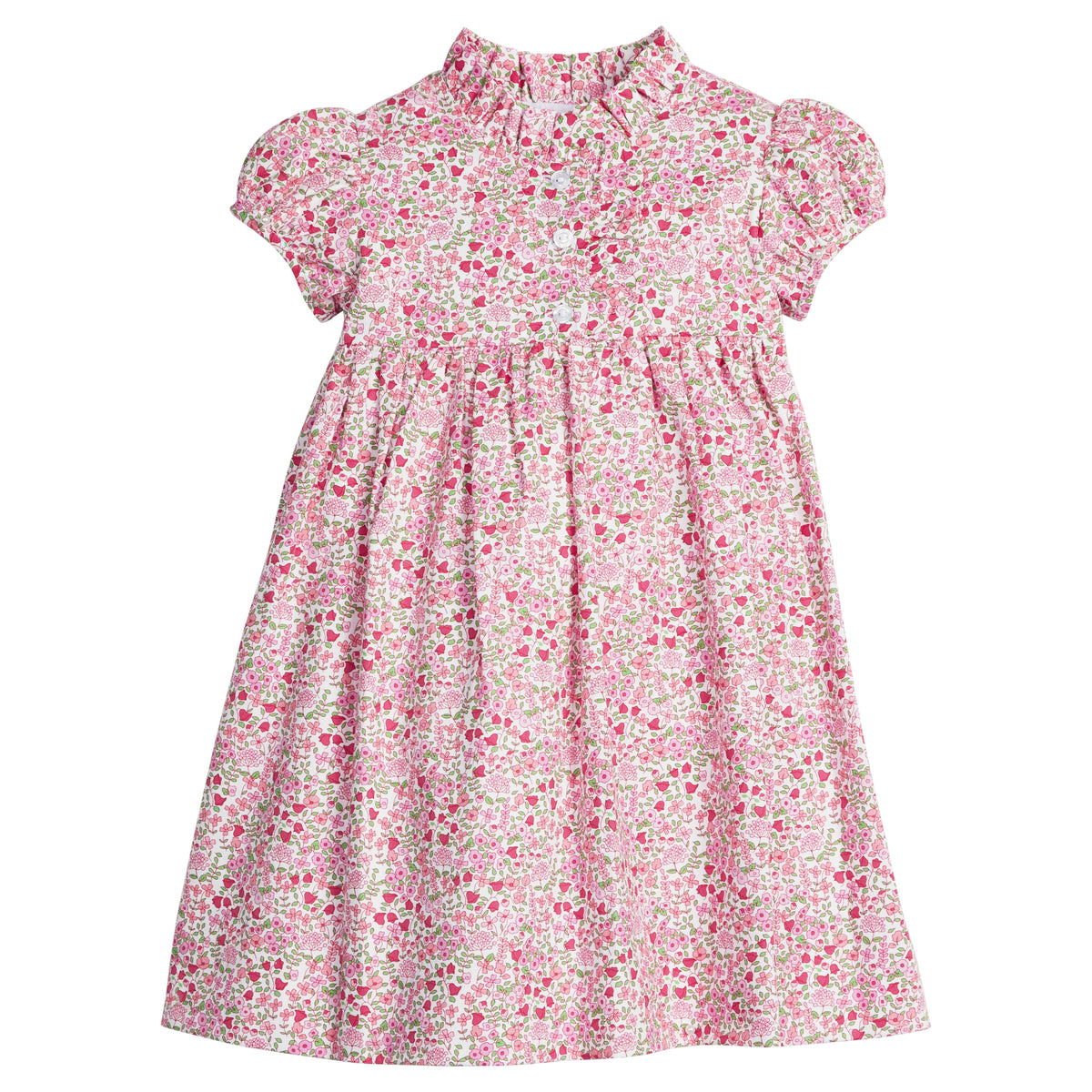 little english classic children's clothing, girls pink floral dress with capped sleeves and ruffled placket for fall