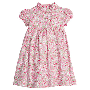 little english classic children's clothing, girls pink floral dress with capped sleeves and ruffled placket for fall