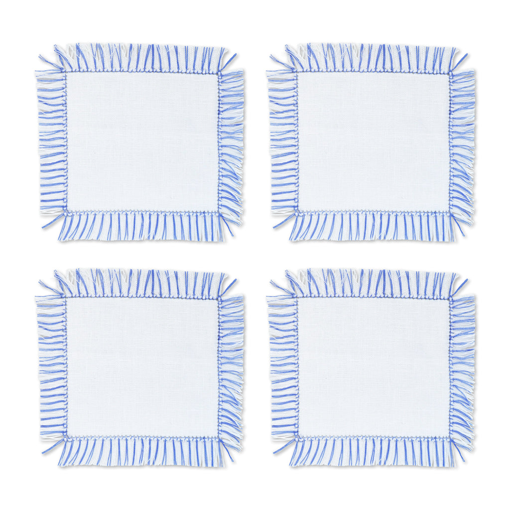 Blue & White Fringe Cocktail Napkins (4) Shells Chefanie