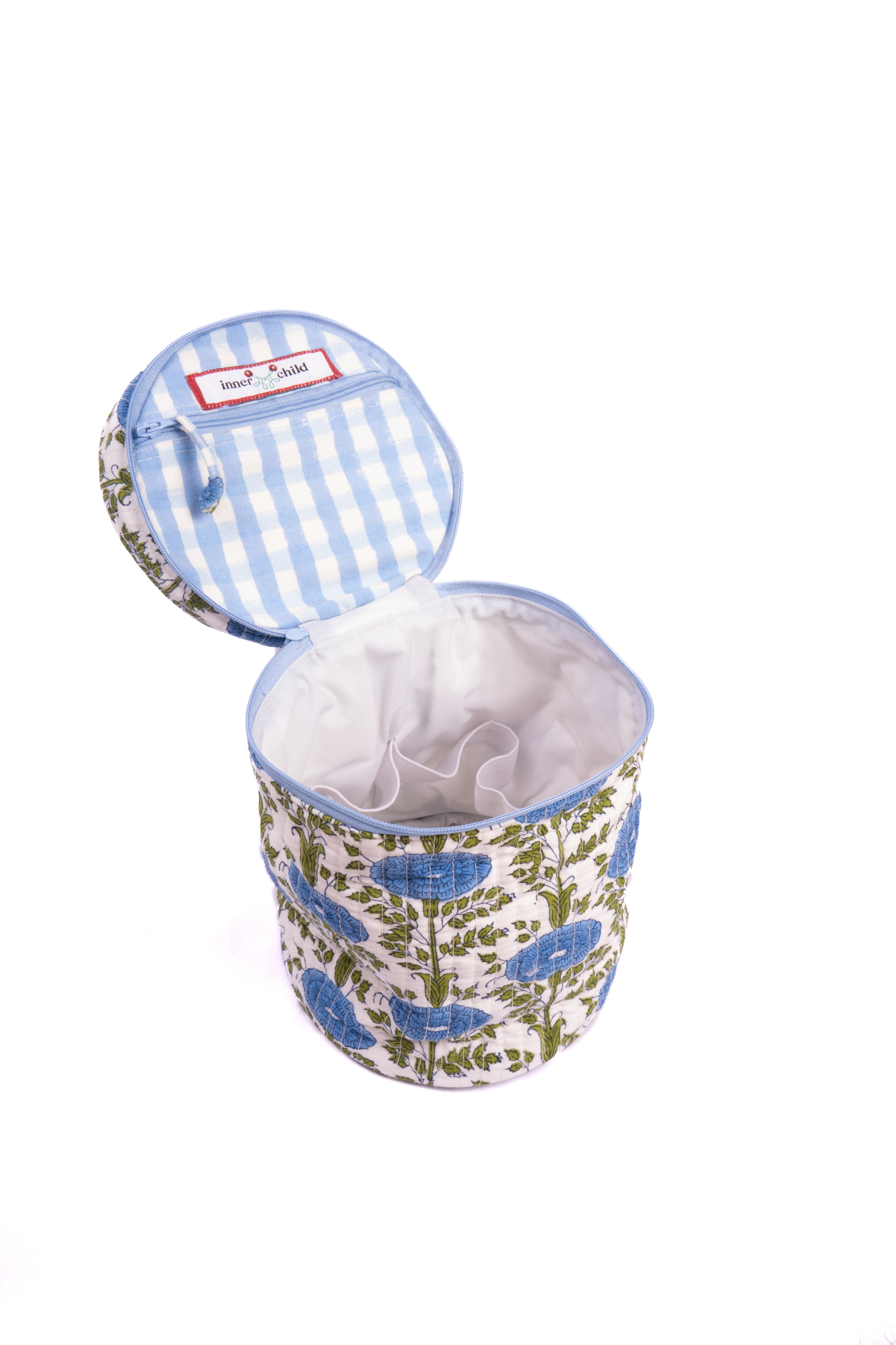 Blue Araminta Round Upright Makeup Bag