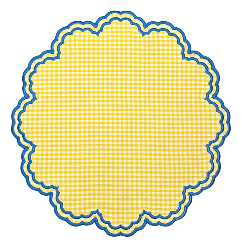 Yellow gingham napkin with blue embroidery - luxury placemat