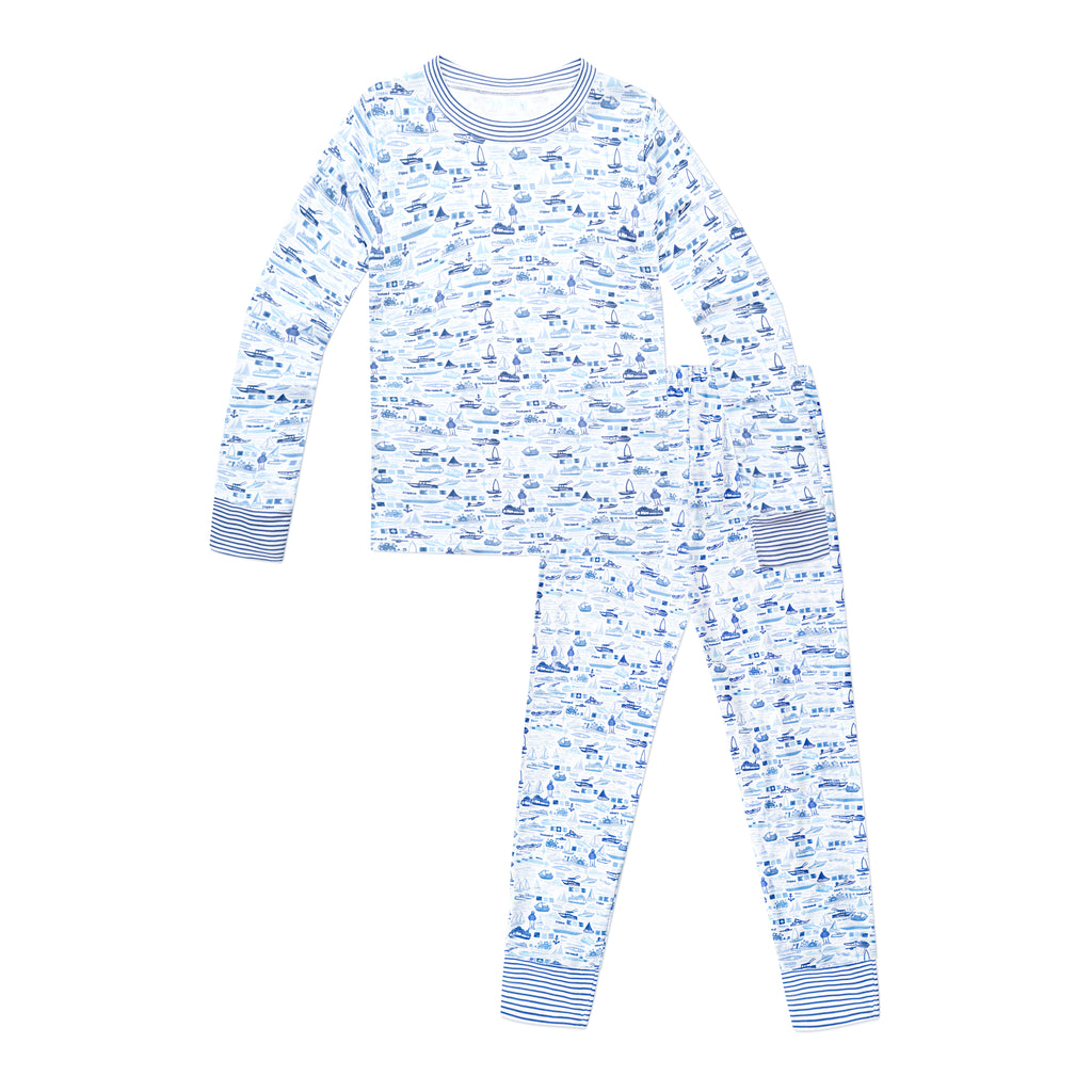 Kid's Boats Two Piece Pajamas in Blue