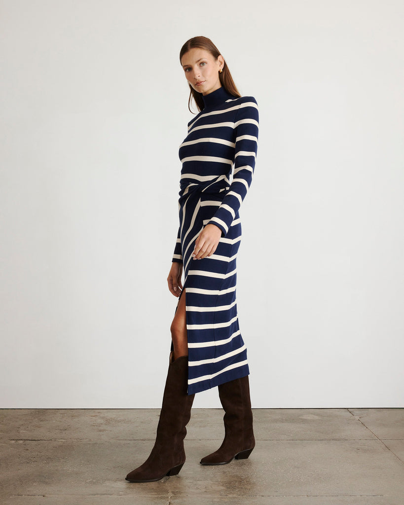 Brindy Dress in Maritime Blue & Cream Wide Stripe