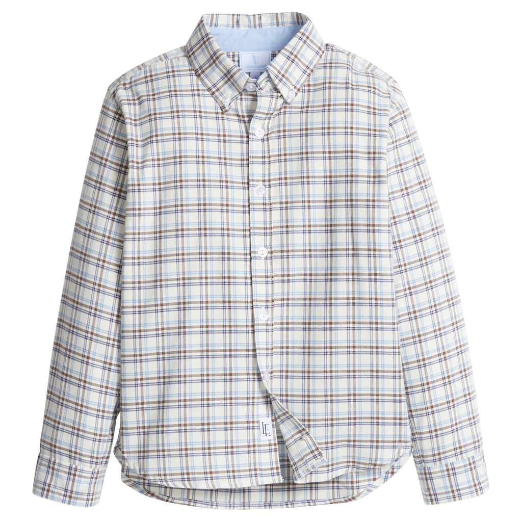 little english classic children's clothes, boys light blue and brown plaid button down shirt for fall