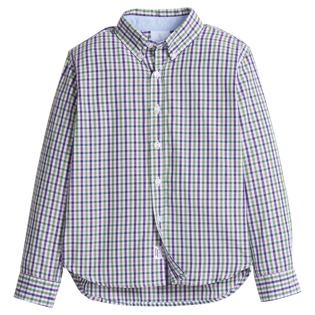 little english classic children's clothes, boys green and purple plaid button down shirt for fall
